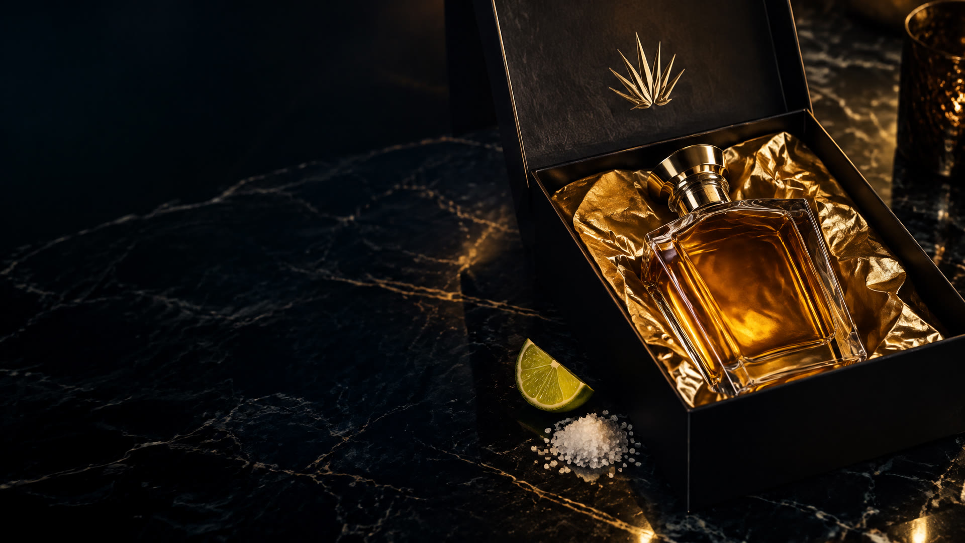 Open matte-black OnlyTequilas gift box with a crystal tequila bottle nestled in gold tissue