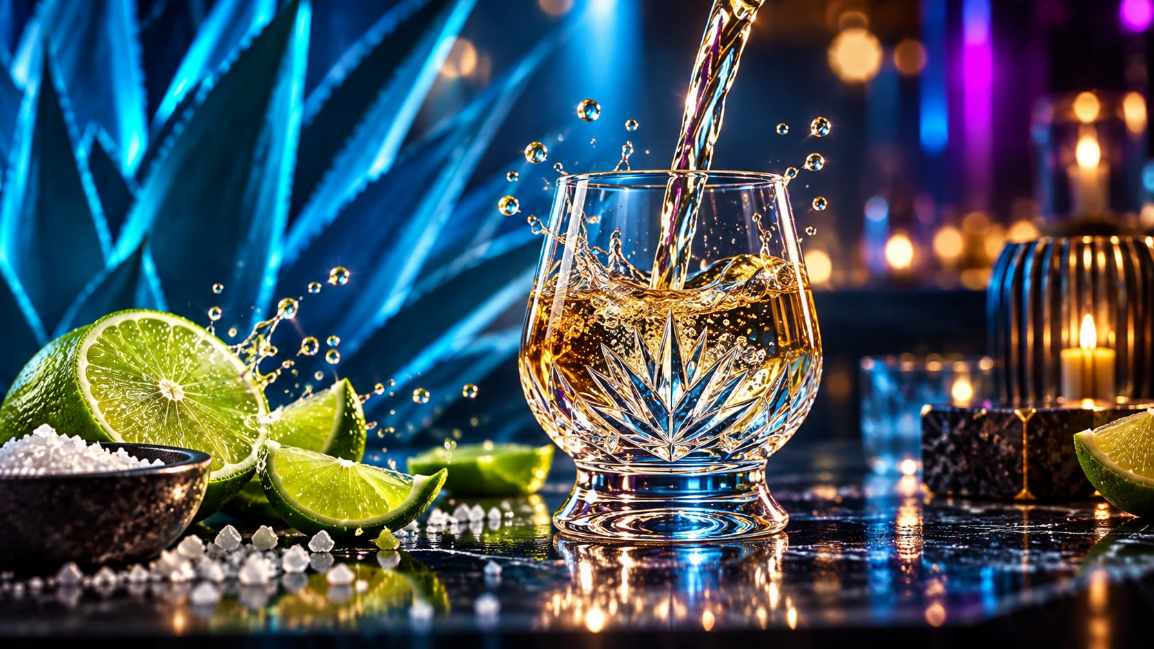 Tequila pouring into a crystal glass with limes, salt and glowing blue agave